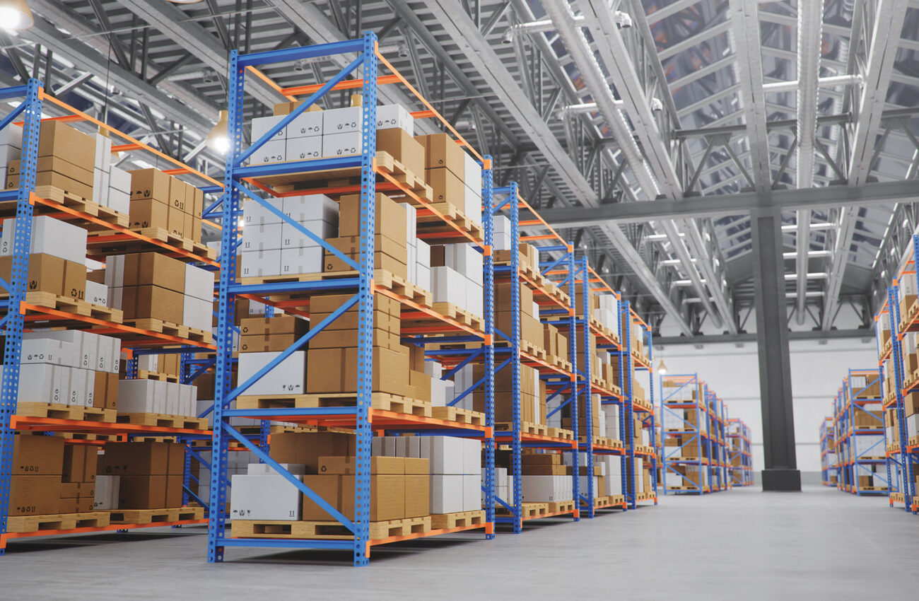 Warehouse with cardboard boxes inside on pallets racks, logistic center. Huge, large modern warehouse. Warehouse filled with cardboard boxes on shelves, boxes stand on pallets, 3D Illustration